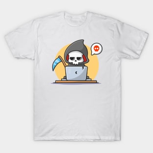 Cute Grim Reaper Operating Laptop Cartoon Vector Icon Illustration T-Shirt